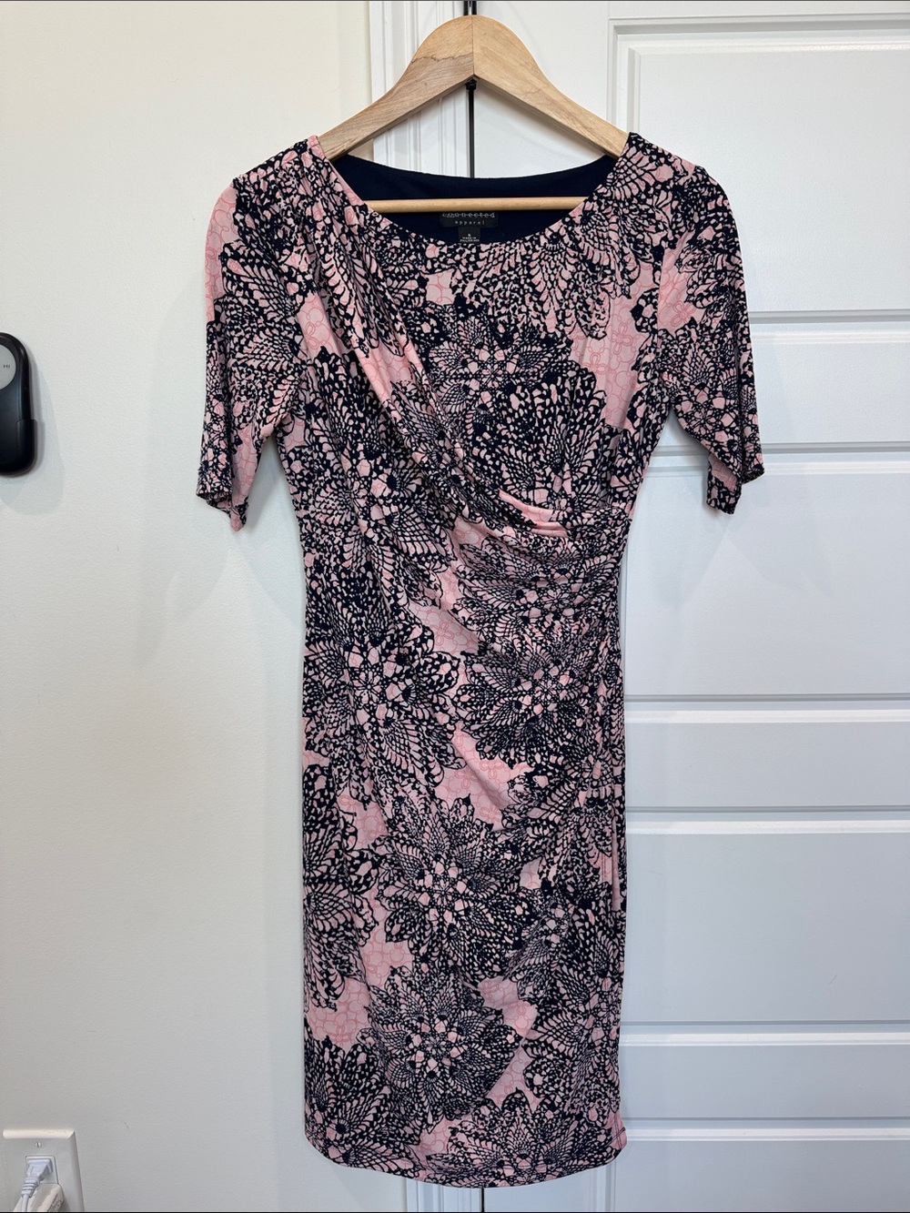 Connected Apparel Faux Wrap Dress Pink & Blue Midi Very Pretty, Womens size 6